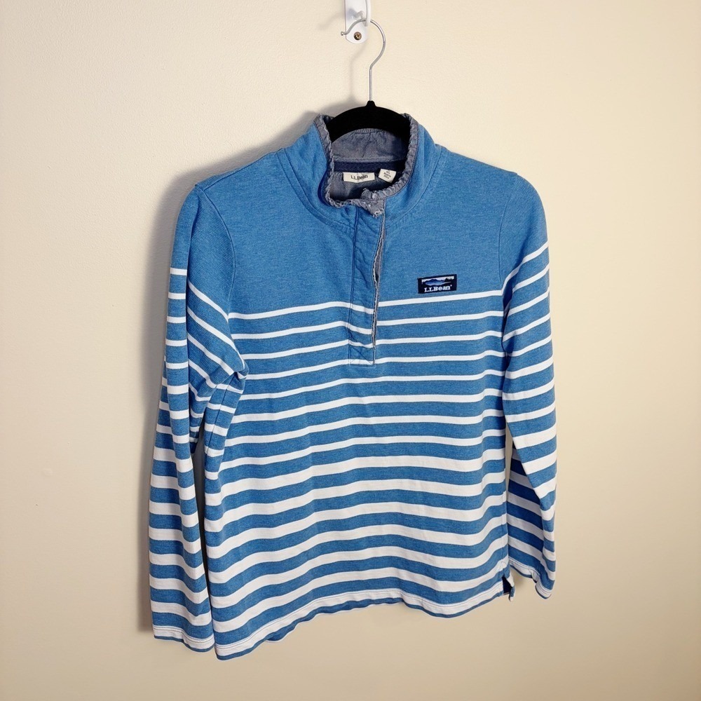 LL Bean Pullover Women S Blue White Striped Logo Button Mock Neck Sweatshirt - Picture 7 of 8